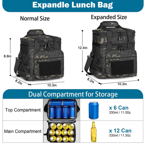 GLENKEY Double Deck Insulated Lunch Box, Expandable Large Lunch Bag Leakproof Cooler Bag Lunch Pail for Men Women Adults Work Shifts Travel Daytrip,16L,Black-Camo GLENKEY