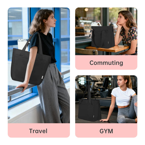 KarSyon Tote Bag for Women Foldable Tote Purses Bags With Cup Holder Zipper Travel Shoulder Bag Handbag for Work,Nurse,School (Black)