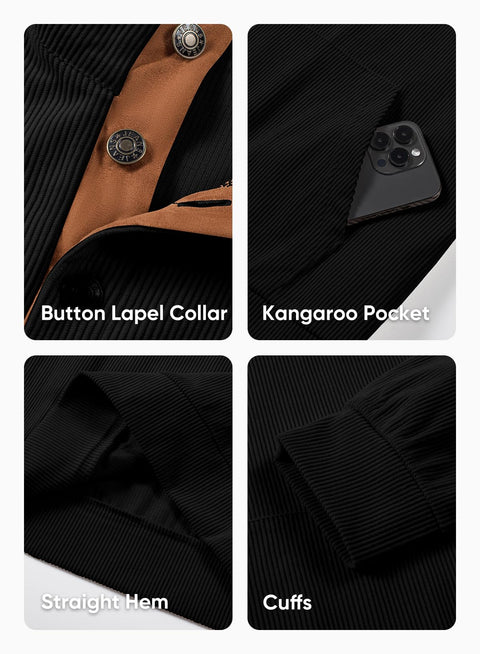 JMIERR Mens Sweatshirt Casual Long Sleeve Quarter Button Collared Pullover Shirts Fall Corduroy Sweaters with Pockets, L, Black