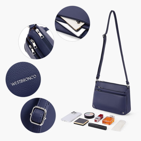 WESTBRONCO Crossbody Bags for Women, Medium Size Shoulder Handbags, Satchel Purse with Multi Zipper Pocket Navy Blue WESTBRONCO