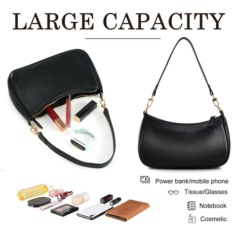 Small Cresent Shoulder Bags Crossbody Purses for Women Vegan Leather Handbag Clutch Hobo Purse (Black)