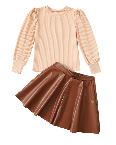 YOURUIKEY Girls 2 Piece Skirt Sets Fall Winter Long Sleeve Shirts and Leather Skirts for Cute Trendy Girl Clothes Size 7-8