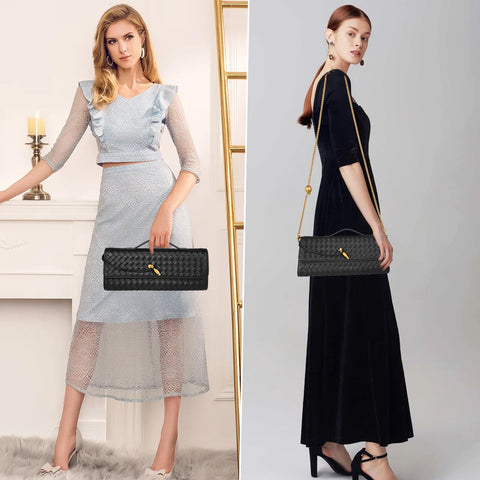 XINGFENGSU Woven Evening Bag Clutch Purses For Women, Woven Leather Crossbody Bag Purse For Women With Gold Chain. (Black) XINGFENGSU