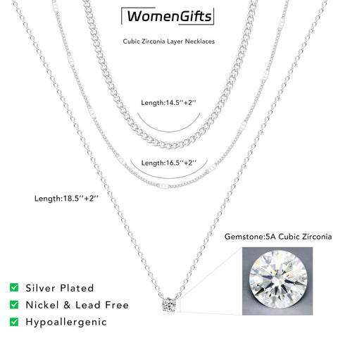 WomenGifts Layered Silver Necklaces for Women, Sterling Silver Cute Pendant Necklace Set with Dainty Cubic Zirconia, Stackable Cuban Chain Choker, Trendy Waterproof Non Tarnish Jewelry Gift