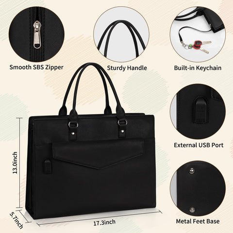 Laptop Tote Bag for Women, 17 Inch Laptop Bag Waterproof Leather Computer Tote Bag, Large Work Bag with USB Charging Port, Womens Laptop Briefcase Business Office Handbag Work Shoulder Bag, Black onemoky