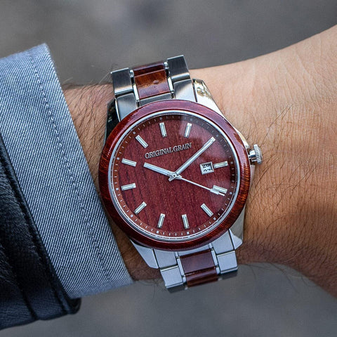 Original Grain Men's Rosewood Silver 43mm Analog Watch | Classic Collection, Brushed Stainless Steel, Adjustable Watch Band | 5ATM Water-Resistant, Scratch-Resistant | Fashion Wrist Watch for Men Original Grain