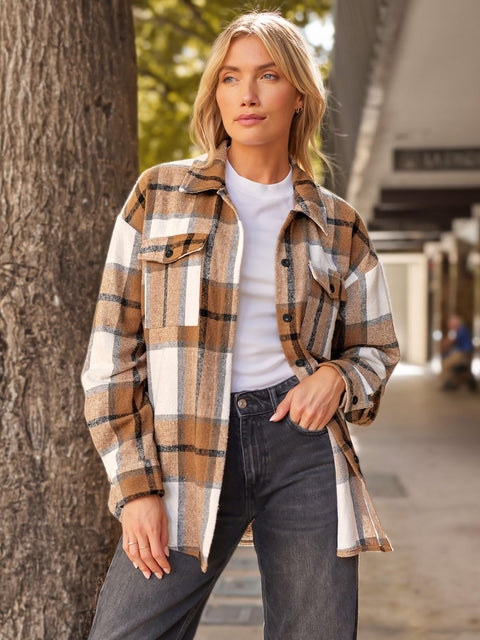 AUTOMET Womens Fall Outfits Fashion Clothes Shackets Flannel Plaid Button Down Long Sleeve Shirts Jackets Apricot L