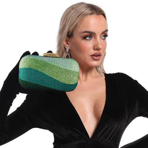 Boutique De FGG Sea Wave Luxury Crystal Clutch Evening Bags for Women Gradient Green Rhinestone Wedding Handbags and Purses Boutique De FGG