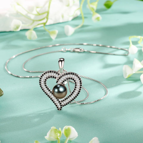 NONNYL Gifts for Women- Birthday Gifts for Wife From Husband Fine Jewelry - Gift for Her Christmas Gifts Ideas Mothers Day Gifts Valentines - Tahitian Black Heart Pearl Necklace Pendant NONNYL