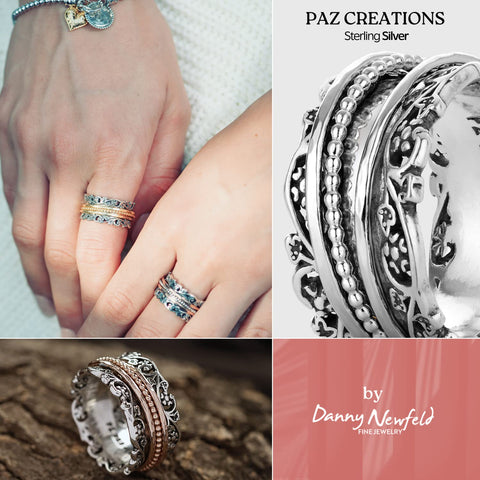 Paz Creations 925 Sterling Silver Spinner Ring/Fidget Ring/Anxiety Ring - 925 Sterling Silver Rings for Women, Stylish Boho Ring (Sterling Silver, Size 9) PZ