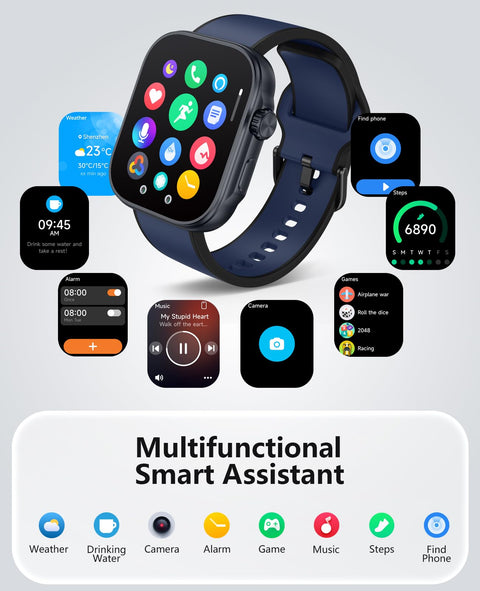 Smart Watch, AI Running Plan, PPG Blood Pressure Monitor, 3ATM Waterproof Fitness Tracker, 1.99" AMOLED Display, Heart Rate Blood Oxygen Sleep, Smartwatch for Men Compatible with Android and iOS Blue SOUYIE