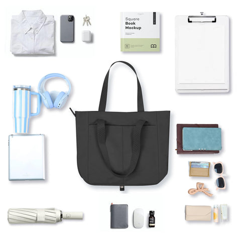 KarSyon Tote Bag for Women Foldable Tote Purses Bags With Cup Holder Zipper Travel Shoulder Bag Handbag for Work,Nurse,School (Black)