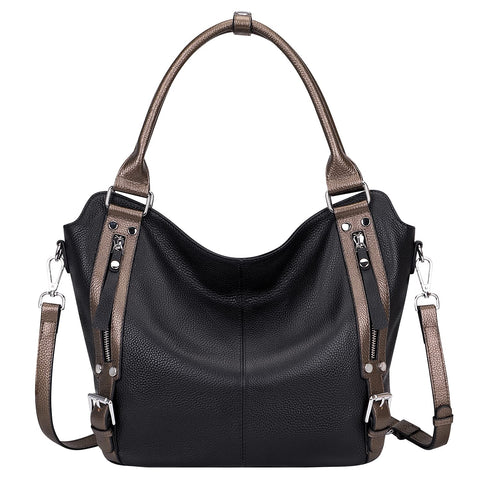 Over Earth Genuine Leather Handbags for Women Hobo Shoulder Bag Ladies Leather Tote Bag(O172E Black/Bronze) Over Earth