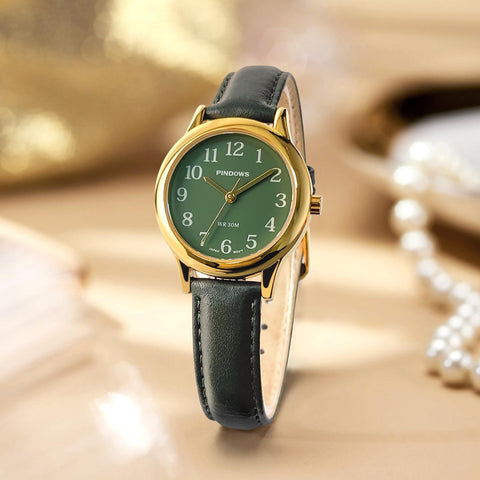 PINDOWS Minimalist Watches for Women, Gold-Tone Case with Black Leather Strap, Fashionable, Everyday Elegant Quartz Analog Dress Watch