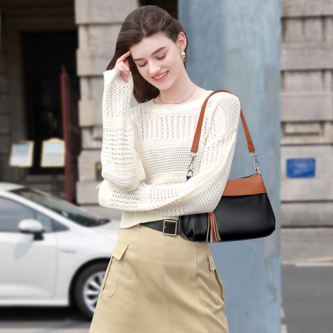 Over Earth Leather Handbags for Women Small Hobo Shoulder Bag Ladies Crossbody Purse(O111-2E Black/Brown) Over Earth