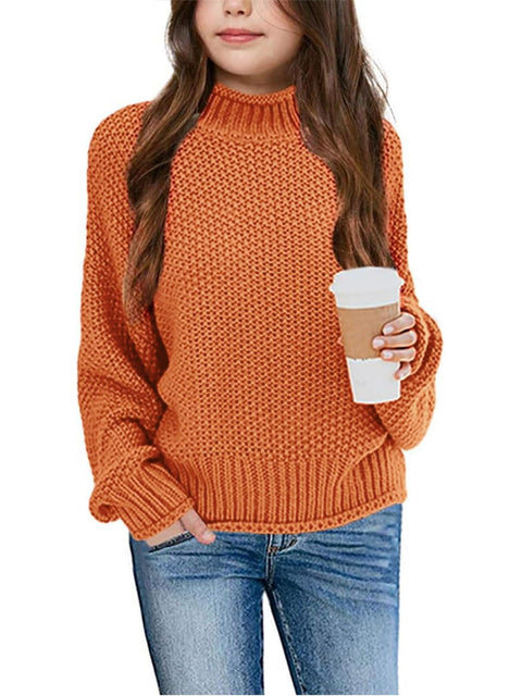 Imily Bela Girls Turtleneck Sweaters Kids Batwing Sleeve Knit Clothes Chunky Pullover Jumper A-Orange