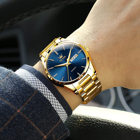 OLEVS Men's Gold Watch,Men Watch Blue Dial Classic Dress Watch with Day Date Satinless Steel Waterproof Fashion Casual Luxury Watch for Man Quartz Simple WristWatches Man,relojes de Hombre OLEVS