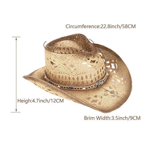 Men's Women's Straw Cowboy Hat Cowgirl Woven Sun Hat Western Cowboy Hat Two Decorative Bands