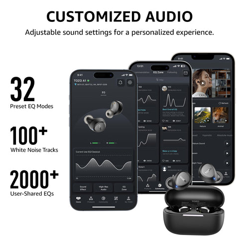 TOZO A1 Wireless Earbuds Bluetooth 5.3 Light Weight in Ear IPX5 Waterproof Headphones 2 Mic for AI Calls, Immersive Premium Sound Bass Headset with Charging Case, 32 Presets EQ Customization via App TOZO