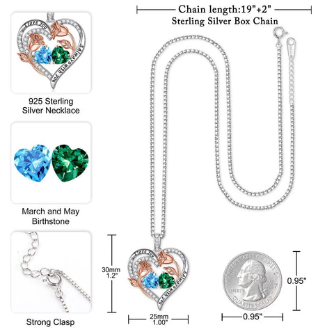 Iefil Women's Birthstone Necklace, 925 Sterling Silver, Aquamarine & Emerald, Adjustable 19+2in, for Mothers Day, Anniversary, Birthday Gift Iefil