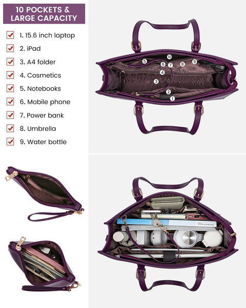 LOVEVOOK 15.6 Inch Laptop Bag for women, Large Waterproof PU Leather Work Briefcase with USB Charging Port Casual Computer Shoulder Messenger Fashion Business Office Tote Handbag Purse, Purple LOVEVOOK