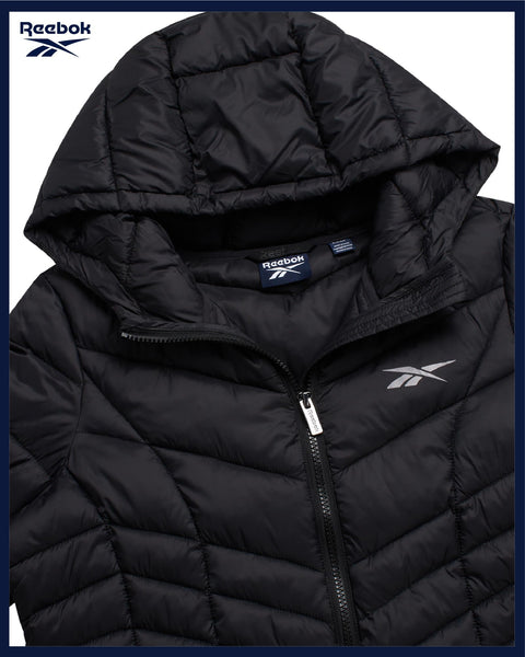 Reebok Womens Long Puffer Coat - Midweight Long Parka Length Quilted Snow Winter Jackets for Women (Also in Plus Size 1X-3X), Size 1X, Black Ink