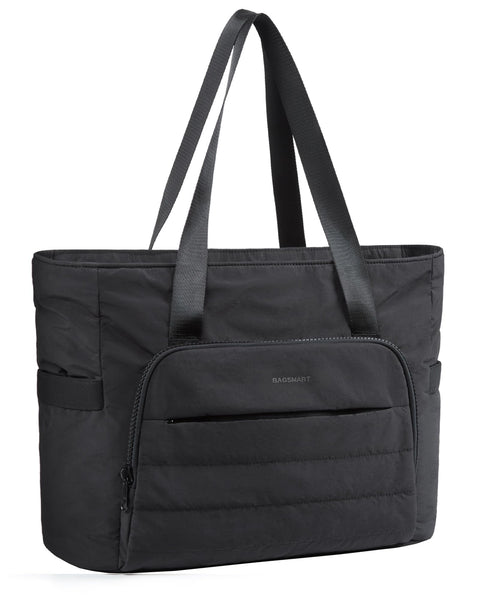 BAGSMART Tote Bag for Women, Lightweight Large Tote Bag with Compartments and Yoga Mat Strap, Quilted Shoulder Bag Handbag for Travel, Work, Gym, Black BAGSMART