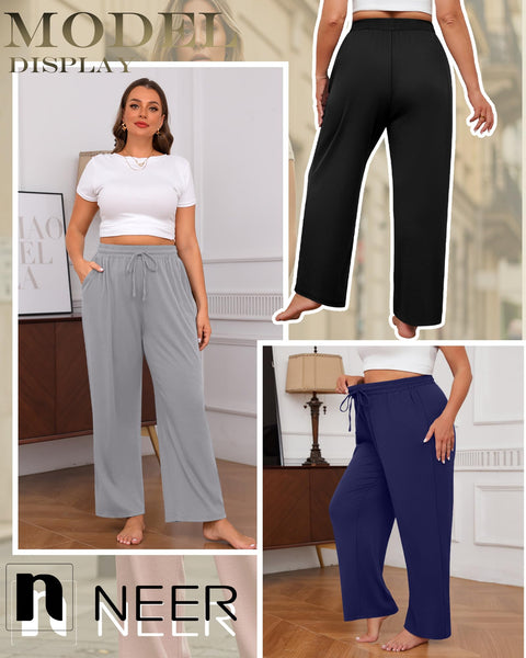 Neer 3 Pack Women's Plus Size Sweatpants Wide Leg High Waist Drawstring Yoga Lounge Joggers Open Bottom Pants with Pockets(Black, Navy Blue, Light Gray,XX-Large)