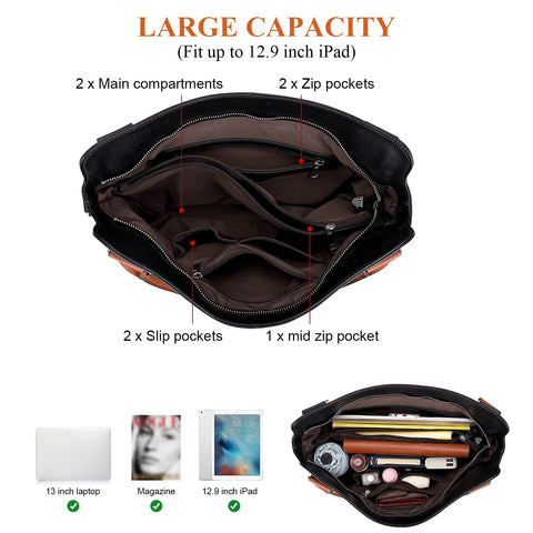 Over Earth Genuine Leather Handbags for Women Hobo Shoulder Bag Ladies Leather Tote Bag(O172E Black/Brown) Over Earth