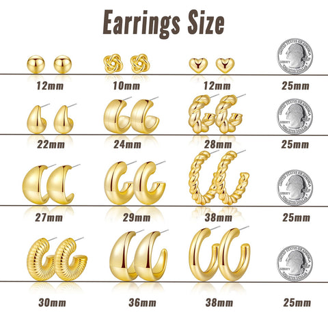 12 Pairs Chunky Gold Hoop Earrings for Women Trendy, Gold Plated Lightweight Classics Hypoallergenic Stack, Thick Open Twisted Huggie Hoops Earring Set