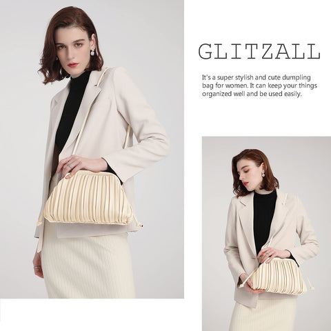 GLITZALL Clutch Purse and Dumpling Bag for Women Designer Cloud Handbag and Ruched Bag with Detachable Shoulder Strap,Soft PU Leather (Beige) GLITZALL