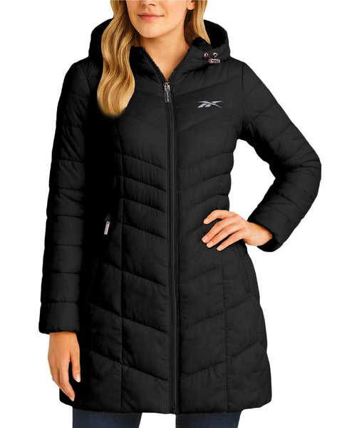Reebok Womens Long Puffer Coat - Midweight Long Parka Length Quilted Snow Winter Jackets for Women (Also in Plus Size 1X-3X), Size 1X, Black Ink