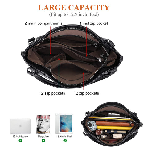 Over Earth Soft Leather Handbags for Women Shoulder Hobo Bag Large Tote Crossbody Bag (O103E Black) Over Earth
