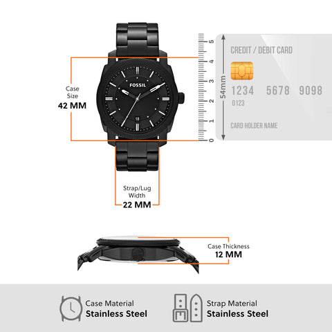 Fossil Men's Machine Quartz Stainless Steel Three-Hand Watch, Color: Black (Model: FS4775) Fossil