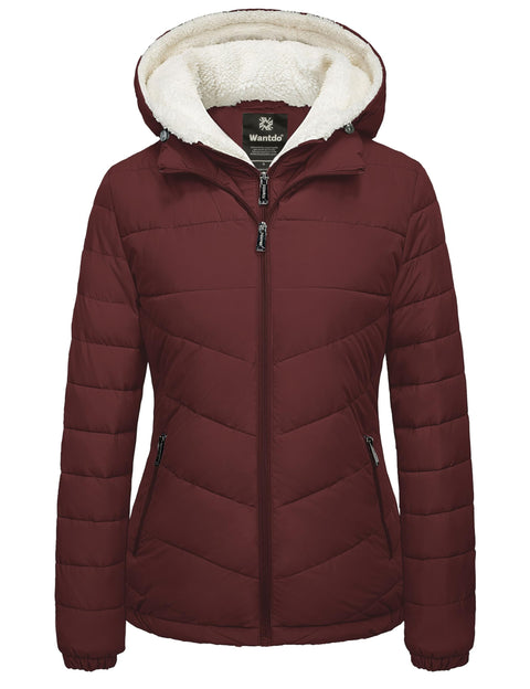 wantdo Women's Hooded Winter Jacket Light Weight Puffer Jackets Wine Red Small