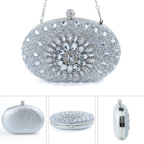 LADIHAB Crystal Clutch Purse Jeweled Purses Rhinestone Clutch for Women Bling Glitter Diamond Bag Purse Evening Bag For Party (Round Silver) LADIHAB