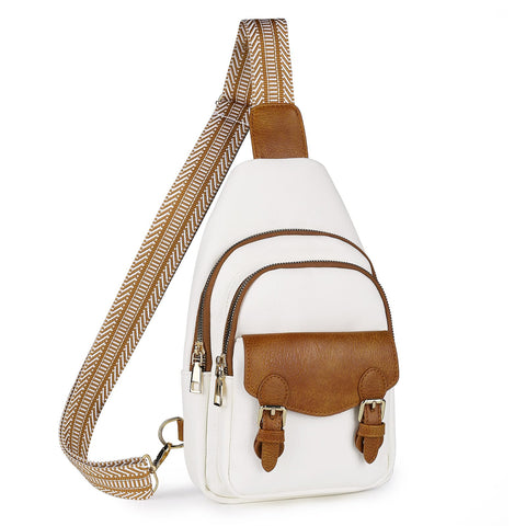 GUETES Sling Bag Small Fanny Pack Leather Crossbody Bags for Women Men Chest Bag Cross Body Backpack dailypack Travel Hiking Cycling, White and Brown GUETES