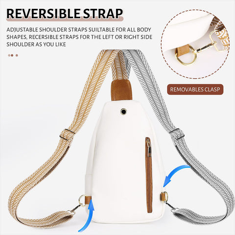 GUETES Sling Bag Small Fanny Pack Leather Crossbody Bags for Women Men Chest Bag Cross Body Backpack dailypack Travel Hiking Cycling, White and Brown GUETES