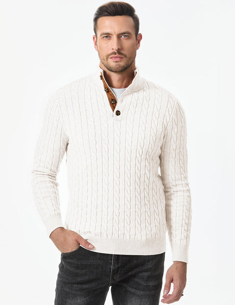 JMIERR Mens Sweater Cable Knit Casual Long Sleeve Essentials Button Chunky Winter Fashion Knitted Pullover Sweaters, 3XL, White