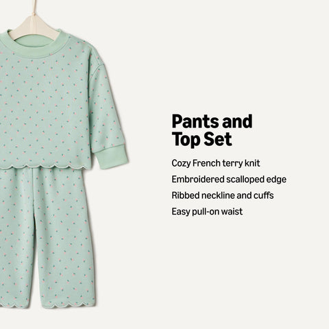 Amazon Essentials x Sofia Grainge Toddler Girls' French Terry Pant and Top Set, Mint Little Strawberries, 3T
