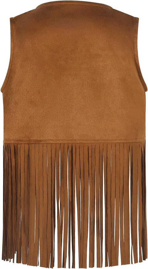 Noomelfish Kids Suede Fringe Vest Girls Sleeveless Hippie Tassels Jacket Cardigan, Brown, Size 9-10Years