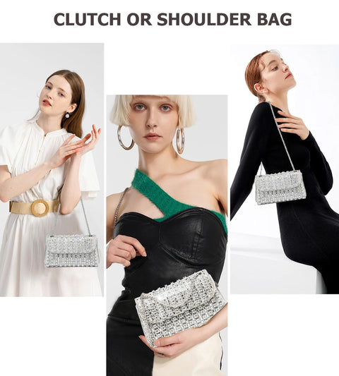 Sweetovo Rhinestones Clutch Purses for Women Chain Shoulder Bags Sparkly Evening Bags Handbags for Cocktail Prom Party Wedding(Silver) Sweetovo