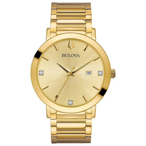 Bulova Men's Modern Gold Tone Stainless Steel 3-Hand Calendar Date Quartz Watch, Black Dial with Diamonds Style: 97D115 Bulova