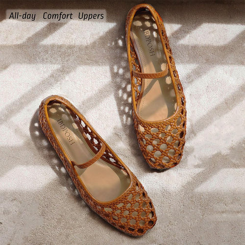 IBDPOSH Brown Woven Mesh Ballet Flats Shoes for Women with Strap Charming Comfortable Casual Elegance Flat Mary Janes Suitable for Woven Bags Size 8
