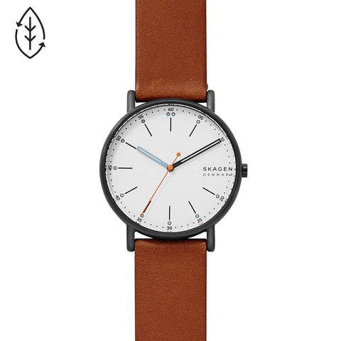 Skagen Men's Signatur Three-Hand Black Stainless Steel and Brown Leather Band Watch (Model: SKW6374) Skagen