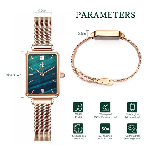 SK Dainty Women's Wrist Watch: Green Malachite Dial,Beautiful Bracelet, Wrapped by Stylish Gift Box, Elegant Present for Ladies and Loved Ones claities