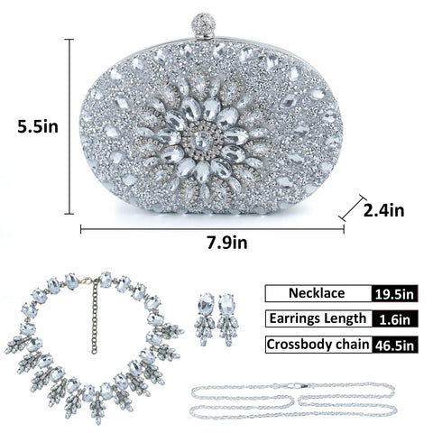 LADIHAB Crystal Clutch Purse Jeweled Purses Rhinestone Clutch for Women Bling Glitter Diamond Bag Purse Evening Bag For Party (Round Silver) LADIHAB