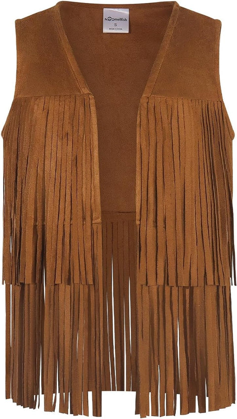 Noomelfish Kids Suede Fringe Vest Girls Sleeveless Hippie Tassels Jacket Cardigan, Brown, Size 9-10Years