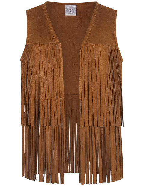 Noomelfish Kids Suede Fringe Vest Girls Sleeveless Hippie Tassels Jacket Cardigan, Brown, Size 9-10Years