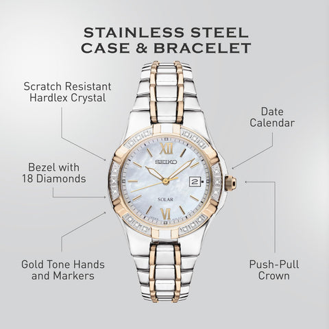 SEIKO SUT068 Watch for Women - Diamond Collection - with 18 Diamond Accents, Solar Power, Mother-of-Pearl Dial, Two-Tone Rose Gold Stainless Steel Case & Bracelet, and Water-Resistant to 50m SEIKO